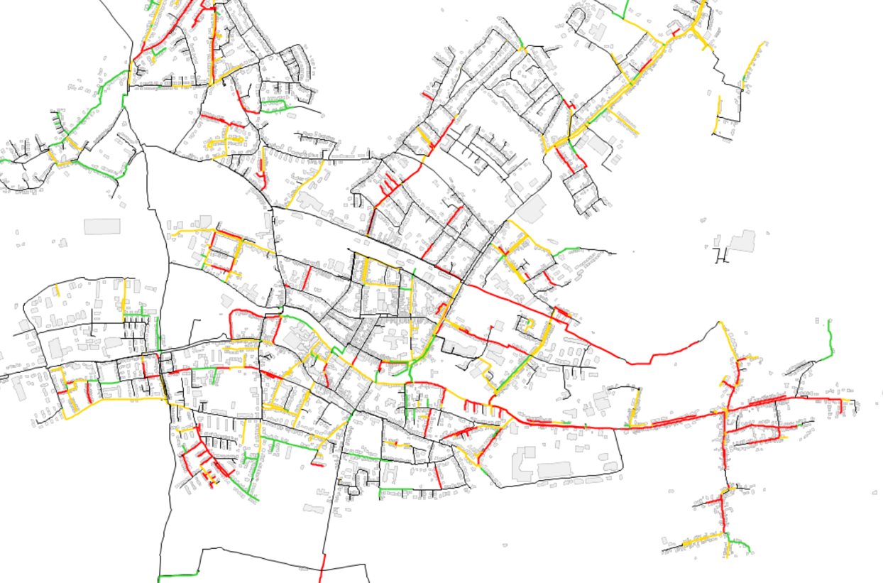 Erneuerungsplanung. Rot: Kurzfristig erneuern; Gelb: Mittelfristig erneuern; Grün: Langfristig erneuern